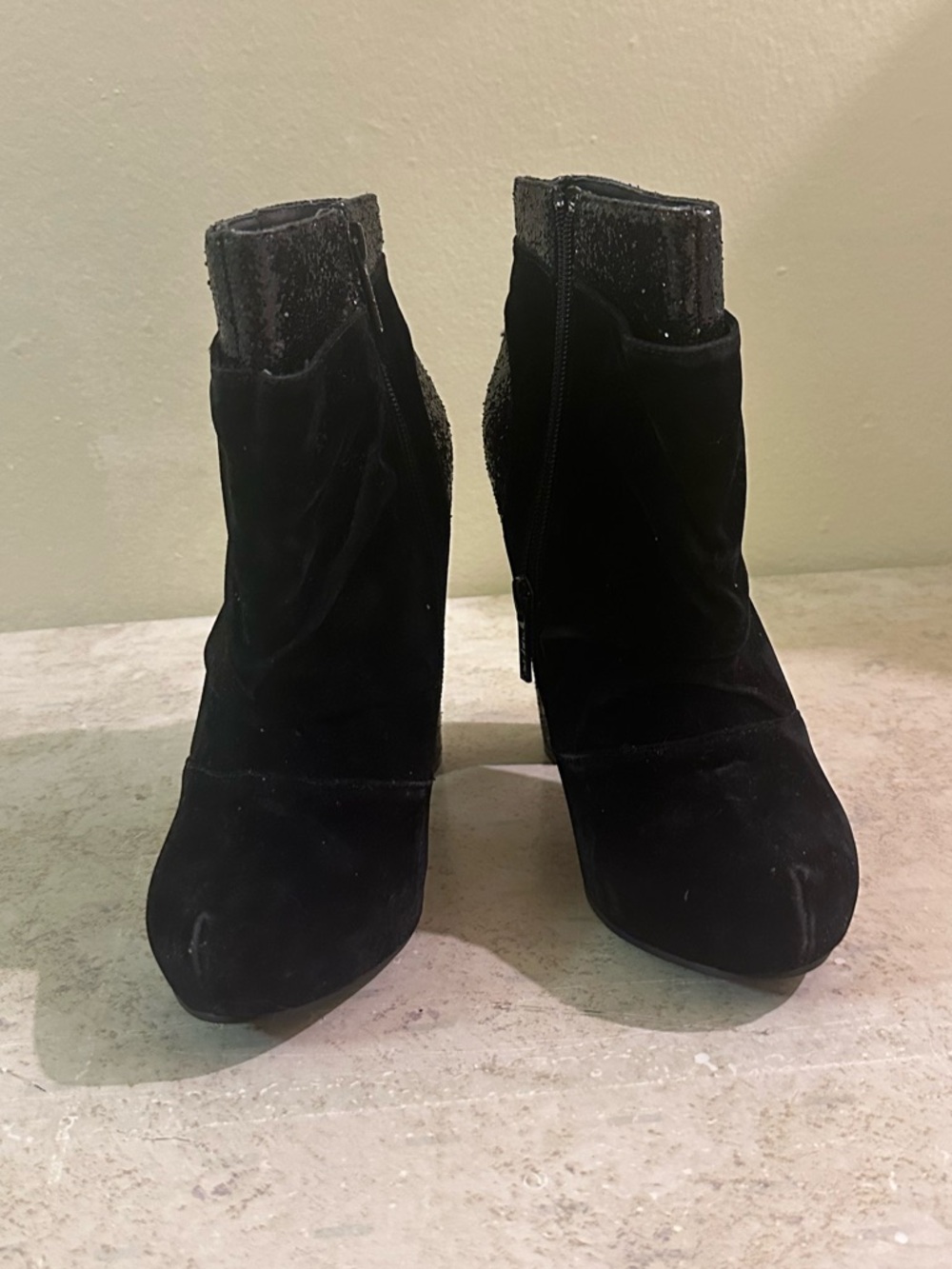 Women's Black Velvet Ankle Booties with Glitter Trim - Picture 9 of 12